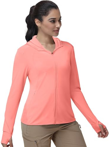 Haimont Sun Protective Jackets Hoodie for Women UPF 50 Lightweight Long Sleeve Full Zip Sun Shirt Outdoor Tops Coral XL