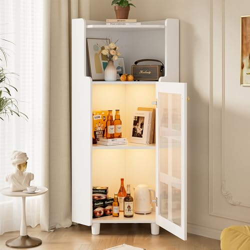 DUlVBPE vitt hörnskåp med lackyta och LED-belysning – modern hörnbyrå med appkontroll, för vardagsrum, bokhylla, badrum (63,5 x 124 cm, vit)
