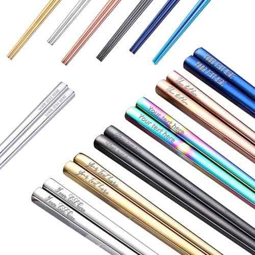 Personalised Chopsticks Stainless Steel Engraved Custom Text Reusable Gift | Food Grade Safe, Non-Slip Grooved Tips, Rust & Heat Resistant, Dishwasher Safe, Multiple Colors, 1/5/10 Pairs