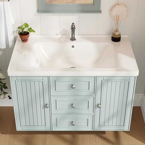 NADEUSAK Mobile sottolavabo da appendere con 3 cassetti, molto spazio, armadio da bagno con lavandino, verde, 81 x 50,3 x 47,5 cm