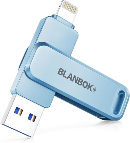 BLANBOK+ MFi Certified 3 in 1 Flash Drive for iPhone,USB Memory Stick | USB Storage Stick for iPhone/iPad/Android/PC, Photo Sharing and Transfer, Easy Backup and File Management (Blue, 256GB)