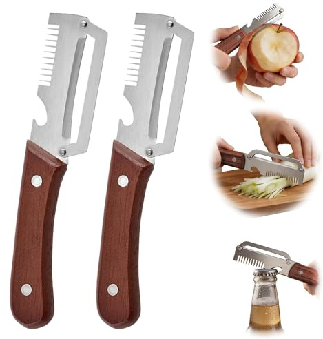 OXNSHEJW Multifunctional Vegetable Peeler, 3 in 1 Vegetable Peeler with Bottle Opener & Julienne Peeler, Stainless Steel Peeler with Wooden Handle for Fruit, Apple, Potato, Vegetable (2PCS)