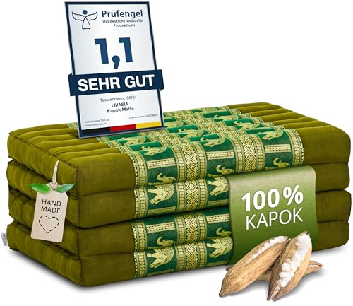 livasia Nachhaltige Klappmatratze aus Kapok - 200x80x8cm - Gästematratze mit Thaiseide, Matratze faltbar für Van, ökologische Yogamatte, Gästebett klappbar, Liege Garten Balkon (Grün/Elefanten Seide)