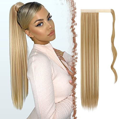 FESHFEN Posticci per capelli Extension Coda Di Cavallo Capelli Bionda d'oro & Bleach Blonde Lunga Estensione Capelli Sintetici Coda Capelli Extensions per Donna 60cm, 125g