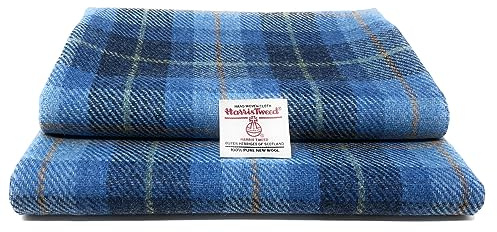 Harris Tweed Blauer Tartan Authentischer Traditioneller Stoff aus 100% Reiner Wolle mit Echtheitsetiketten (Blauer Tartan, 100 x 75cm)