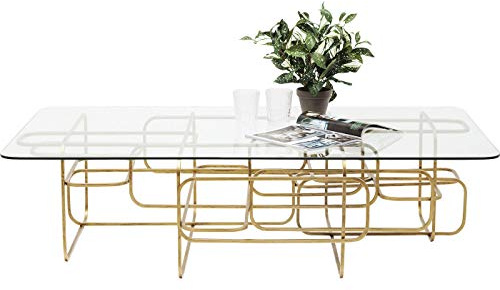 Kare Design Couchtisch Meander Gold, Sofatisch, rechteckiger Beistelltisch, Wohnzimmer, Ablagetisch, Tischplatte aus Sicherheitsglas, Glastisch, 36x140x80cm