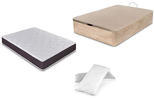 DORMIDAN - Pack de canapé abatible de Gran Capacidad + colchón viscoelástico + Almohada visco Copos de Regalo (135_x_190_cm, Roble)