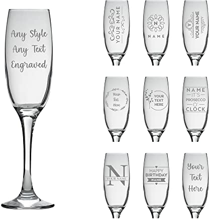 So Bespoke Personalised Engraved Glass Champagne Flute - Birthday Gift - for Her - Hen Party - Wedding Gift (Style 9 (Text Only))