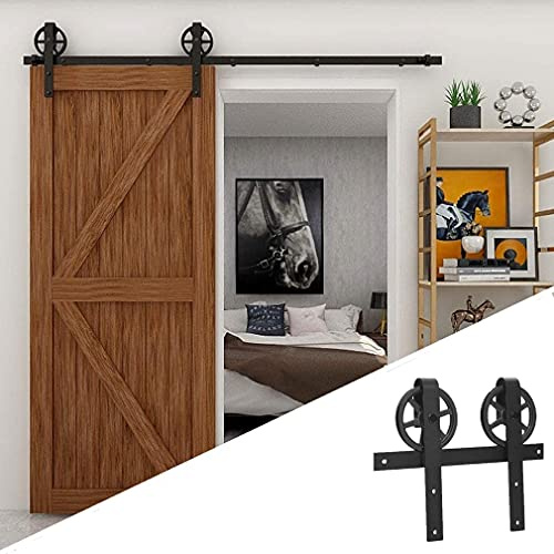 WOLFBIRD 200CM / 6.6FT Herraje Puerta Corredera Granero Kit, Accesorios Herraje Para Puertas Correderas, El kit de Riel Puerta Corredera de Granero Adapta A Una Puerta de Madera Rueda Grande