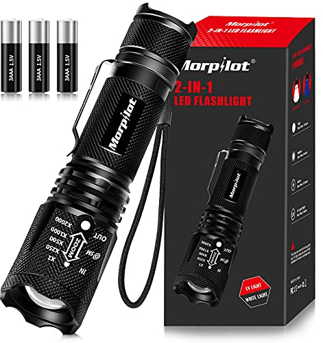 morpilot Torcia UV 2 in 1, LED Luce Nera 500 Lumen, Messa a Fuoco Regolabile, Rilevatore di Urina e Banconote da Compagnia, Impermeabile IPX4, Rilevatori di Macchie di Urina Animale, con 3 Batterie