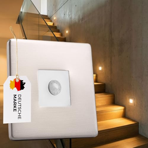 LED Treppenbeleuchtung mit Bewegungsmelder 230V – Eckiges Stufenlicht Warmweiß (3000K) – 2,2W Wandeinbauleuchte Innen mit Sensor – Automatisches Nachtlicht Treppe 6103S1 (1, Edelstahl-Optik+Sensor)