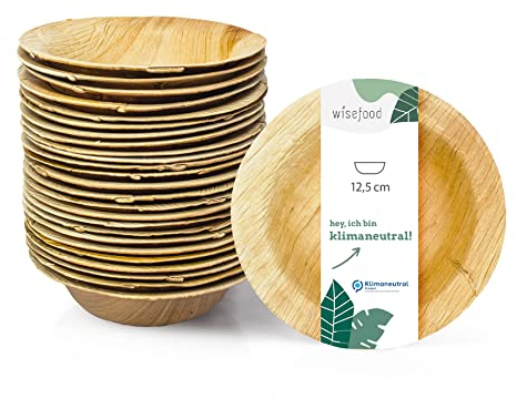 wisefood Cuenco de hoja de palma – 50 platos desechables hondos y redondos de 14 cm de diámetro – Vajilla de hoja de palma biodegradable – Vajilla desechable ideal como plato hondo, plato de ensalada