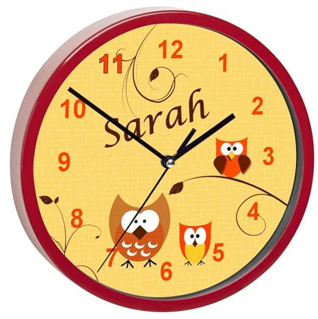 CreaDesign, Wanduhr Kinder personalisiert mit Name, Motiv Eule orange, Rahmen Wanduhr rot, Ø 19,5 cm