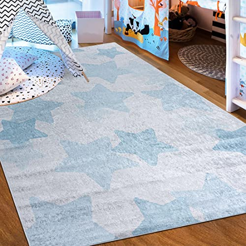 Mazovia Groß Spielteppich Kinderzimmer 160x230cm Anthrazit Blau Sterne | Kinderteppich für Schlafzimmer Spielzimmer Jungen Pflegeleicht Maschinenwaschbar Rutschfest Allergikerfreundlich Wetterfest