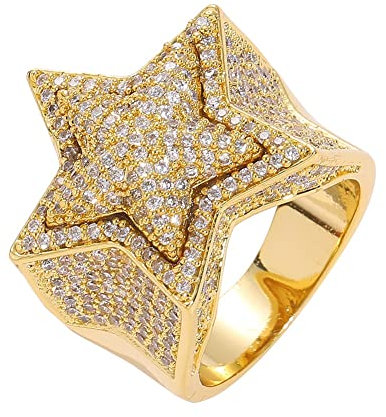 DFWY Herren Iced Out CZ Simulated Diamond 3D Star Ring -14K Vergoldeter Hip Hop Bling Pentagramm Zirkon Ring - Funkelnder Strass Rapper Street Rock Schmuck(Gold,10)