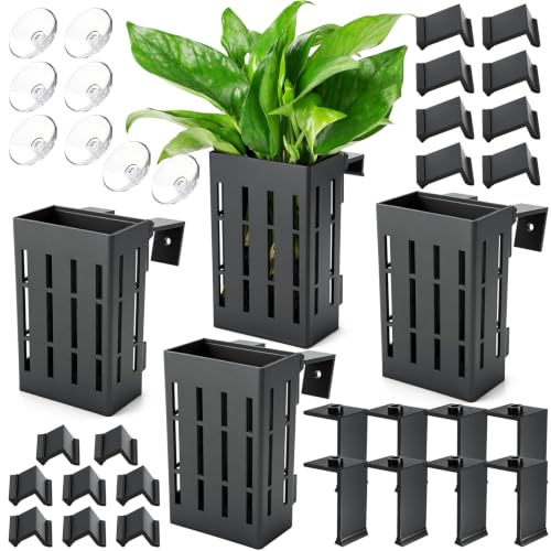 Borlech Upgraded Aquarium Plant Holder with Hooks and Suction Cups for Fish Tank Aquaponic Plants Cultivation and Aquascape Decorations (Black)