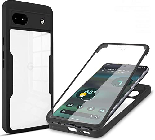 GOKEN Hülle für Google Pixel 6a, [ Integriertem Displayschutz ] 360 Grad Stoßfest Handyhülle, Transparent Soft TPU Bumper Schutzhülle, Schwarz