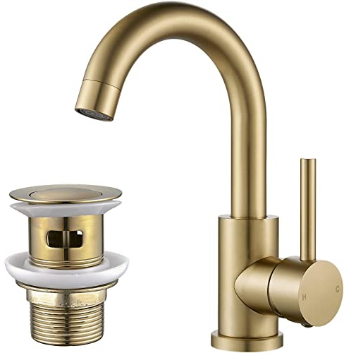Basin Tap with Waste, NewEast Gold Bathroom Sink Mixer Tap Single Lever Solid Brass