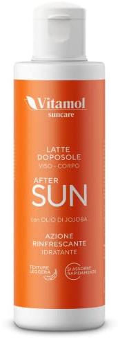 Vitamol After Sun Aftersun Gesichts- und Körpermilch Erfrischende Wirkung Feuchtigkeitsspendender Weichmacher gegen Rötungen und Sonnenbrand auf der Haut mit Jojobaöl