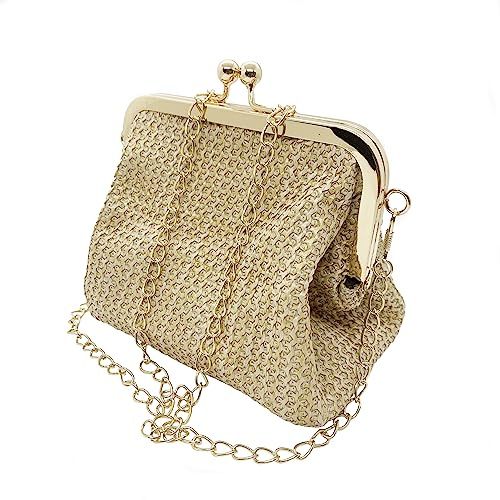 Lin‘s Liliana Damen Clutch Stroh Umhängetasche elegant Abendtasche umweltfreundliche Strandtasche Vintage Handgewebte Schultertasche (Gold)