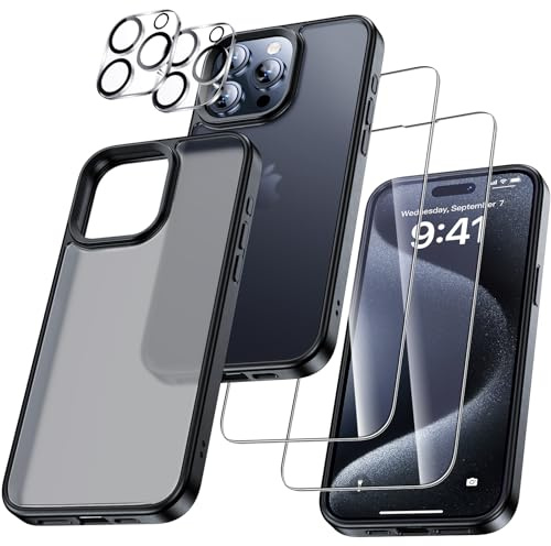 UniqueMe für iPhone 15 Pro Max Hülle, 5-in-1-Set Handyhülle für iPhone 15 Pro Max Case Rundumschutz Schutzhülle Cover, 1 Handyhülle & 2 Schutzfolie & 2 Kameraschutz - Schwarz