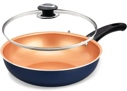 Homatz Induction Wok Pan, 30cm Non Stick Ceramic Coating, Tempered Glass Lid | Deep Stir Frying Pan - Heat Resistant Handles, All Hobs Supported