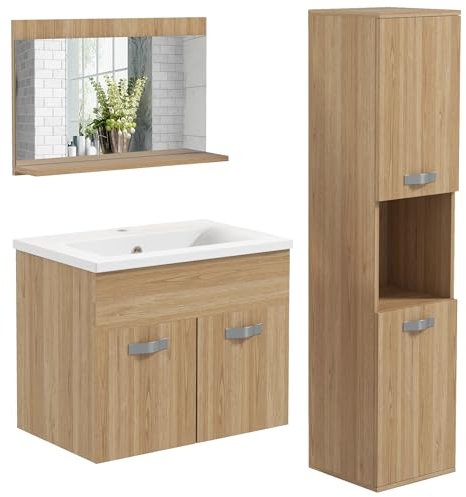 kleankin Set di mobili da bagno, 3 pezzi, armadio a specchio + mobile sotto lavabo sospeso con lavabo in ceramica + mobile a colonna con ripiani regolabili naturale