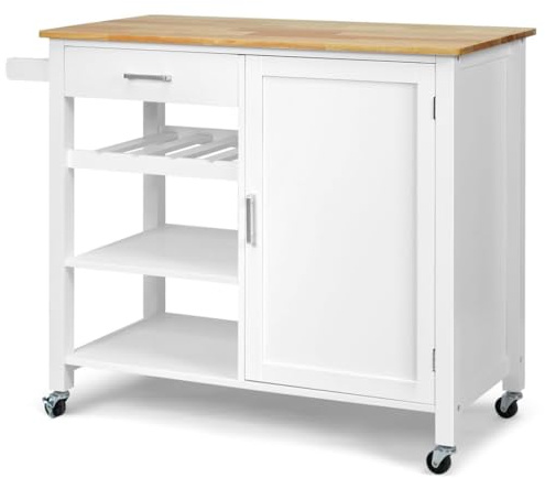 GiantexUK Kitchen Island Cart on Wheels, Mobile Storage Trolley with Oak Wood Countertop, Adjustable Shelves, Towel Rack & Wine Rack, Utility Serving Trolley for Dining Living Room (White Body)