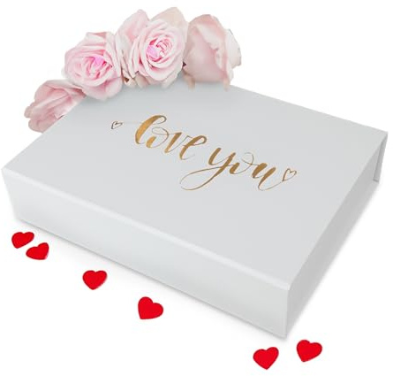 Verpackungswelt Geschenk-Box mit Deckel Love you | 23x17x5 cm | Perfekt für Valentinstag & Geburtstag | Geschenk-Karton mit Magnet-Verschluss | Geschenk-Verpackung in Weiß mit Aufschrift in Gold