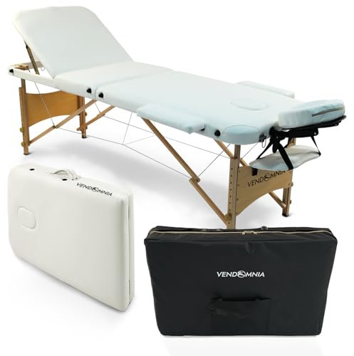 VENDOMNIA Mobile Massageliege - Holzfüße mit 3 Zonen höhenverstellbar inkl. hochwertiger Kopfstütze Tasche Armlehnen - Farbwahl Klappbar, Massagetisch Massagebett Massagebank Behandlungsliege