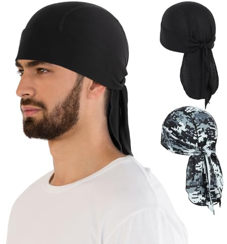 MELASA Cycling Bandana Skull Cap, Cooling Durag Helmet Liner, Sweat Head Scarf Running Hat Beanie for Men Cycling Motorcycle Running(Black&DigitalCamoGray)