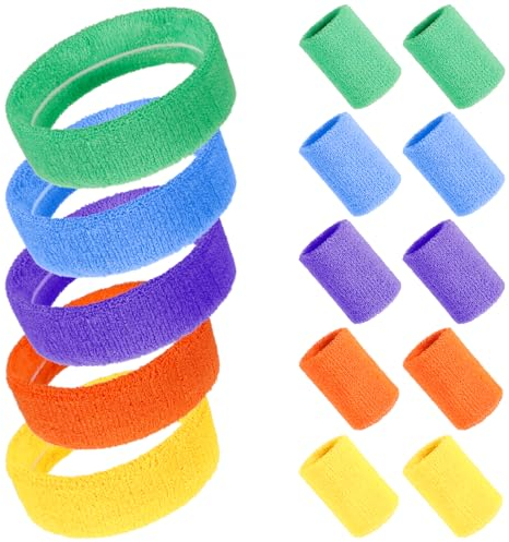 Yamitora 15 Stück Schweissband Set 80er Jahre Schweissband, Neon 80er Jahre Stirnband Outfit 5 Farben Schweissband Handgelenk Stirnband für Damen Herren Basketball Tennis Fitnessstudio