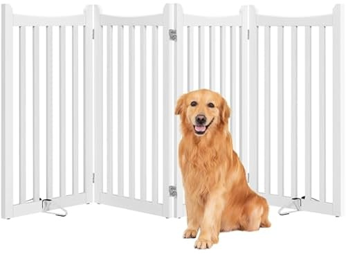 Yaheetech Cancelletto per Cani Pieghevole di Sicurezza in Legno 4 Pannelli 201,5 cm × 90,5 cm Interno Barriera Protettiva con Piedi Antiscivoli Scale Porta Bianco