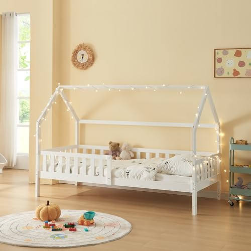 [en.casa] Letto a Casetta per Bambini Letto Rialzato in Legno di Pino per Cameretta con Sbarre Giroletto Regolabile in Altezza Zona di Riposo Singolo 90x200 cm Bianco