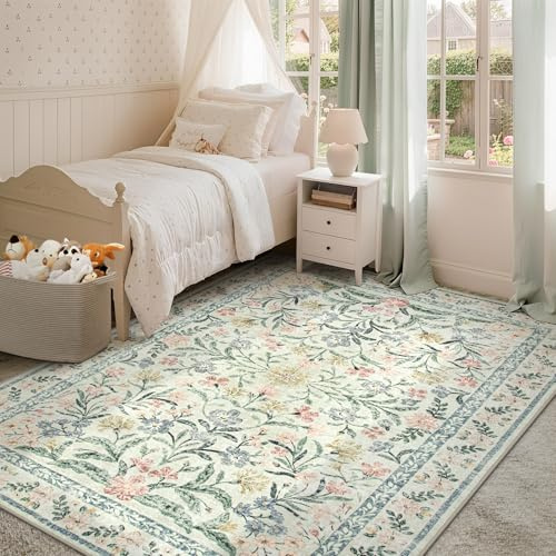 Morebes Floral Machine Washable Area Rugs 5x7, Vintage Boho Nursery Rug Girl Non-Slip, Flower Indoor Floor Throw Carpet for Living Room Bedroom Kitchen Playroom Home, White/Multi