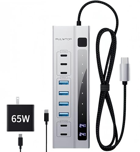 PULWTOP Hub USB C alimentado 9 en 1, concentrador de datos USB 3.2 con adaptador de corriente PD de 65 W, 3 USB-C de 10 Gbps, 4 USB-A de 5 Gbps y 2 puertos de carga PD tipo C de 24/45 W