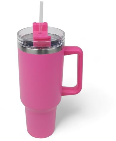 Mug Isotherme 1,2L avec Poignée et Paille | Bouteille d'Eau Isotherme en Acier Inoxydable | Gourde Thermique Double Parois | Café ou Thé Chaud ou Froid | Voyage, Sport | Couvercle Étanche (Rose)