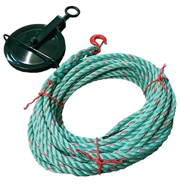 Gin Wheel Scaffold Pulley & 18mm Polysteel Gin Wheel Rope With Safety Hook - Scaffolding - Roofing - Scaffoling Rope (10 Metres)