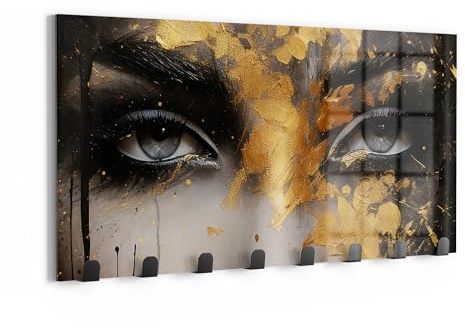 DEQORI Wandgarderobe Glas & Metall | Motiv Goldener Blick | 60x30 cm | Design Haken-Leiste modern | Garderoben-Paneel für Flur, Wohnzimmer & Schlafzimmer | magnetisch & beschreibbar