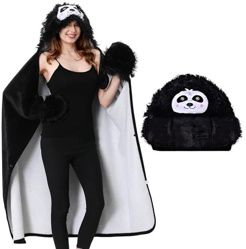 Aragallant Bradipo Coperta Indossabile, Coperta con Maniche eCappuccio Donna, Accogliente Oversize Coperta Flanella Bradipo per Adulti Bambini Natale compleanno Regalo, 150x120cm (Nero)