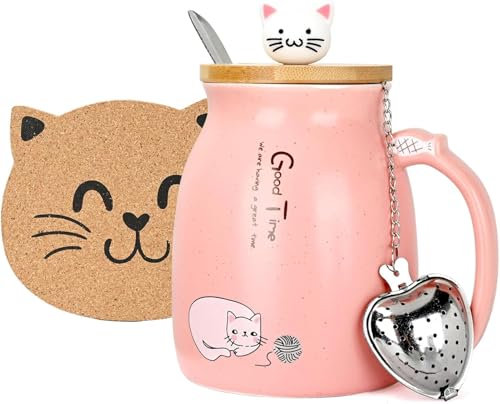 pobuu Tasse de chat avec infuseur et couvercle, jolie tasse à café de Noël avec cuillère en acier inoxydable, tasse à café, lait, thé, pour Noël, anniversaire, Nouvelle Année,450ml