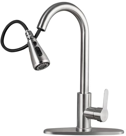 RUHEKⅤ Kitchen Sink Faucet with Pull Down Sprayer，Utility Rv Bar Sinks Deck Plate Home Handle Stainless Steel 360 High Arc Brushed Nickel Out Kitchens Tap Faucets (Silver)
