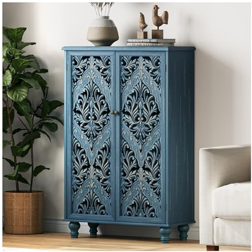 JOINICE 47 Tall Accent Cabinet with Navy Blue Mandala Carved Doors, Solid Wood Legs Storage Cabinet with 100 lbs Capacity, Boho Farmhouse Sideboard Buffet for Entryway, Living Room & Coffee Bar