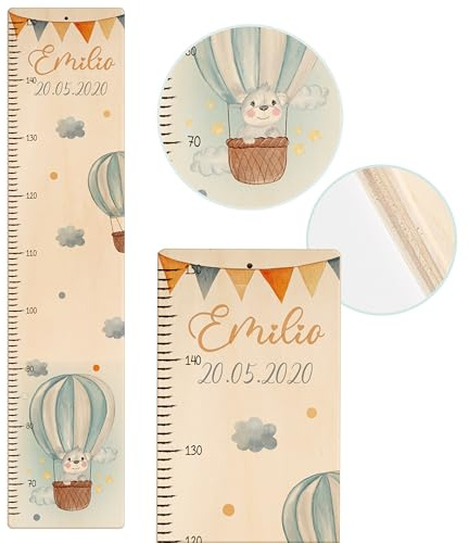 Kidsmood - Personalisierte Messlatte Kinder aus Holz – Hochwertige Messleiste & Wand-Deko für Baby- & Kinderzimmer mit abenteuerlichem Ballon – Tolles Taufgeschenk für Mädchen & Jungen (65-140cm)