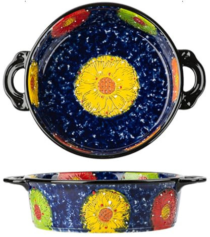 CRCRC Casseruola in ceramica con manici, pirofila rotonda profonda for forno, teglia for lasagne con motivi floreali, pirofila in porcellana for cucinare, servire e decorare la cucina