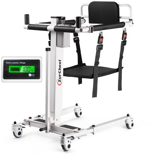 Zurcheel Electric Patient Lift Transfer Chair Lift for Home, Portable Commode Toilet Transfer Chairs with Adjustable Height for Seniors, Folding Bathroom Wheelchair with Battery Display