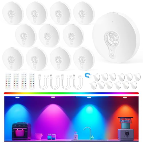 Schrankbeleuchtung Kabellos Akku USB, Unterschrank Beleuchtung Küche, Unterbauleuchte Küche LED Ohne Kabel, Vitrinenbeleuchtung Magnetisch, Puck Lights Mit Fernbedienung, Weiß, 12 Stück, 3-Farbe-RGB