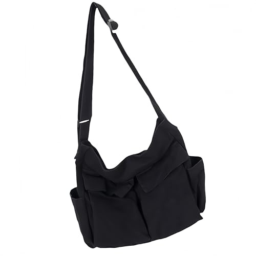 HJYDGJ Bolso de lona vintage multifunción, bandolera, bolso cruzado, unisex, negro, mediano, con correa de hombro ajustable y 8 compartimentos prácticos