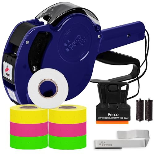 Perco Lite 1 Line Price Gun Kit - Includes 2 Rolls Each of Yellow, Fluorescent Green & Fluorescent Pink Labels, 1 Roll of White Labels (Preloaded), 1 Scraper, 2 Ink Rollers (1 Preloaded) & 1 Gun Clip