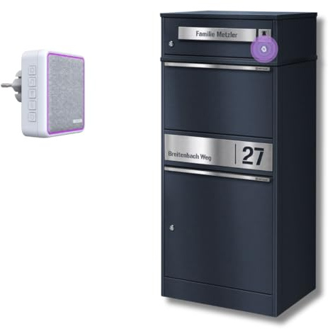 Metzler Buzón Bispo con compartimento para paquetes y timbre inalámbrico, caja de paquetes para exteriores, grande, XXL con campana y 1 receptor inalámbrico, buzón de paquetes personalizado en